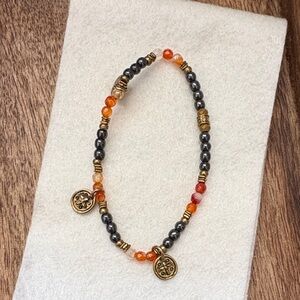 Beaded Hematite and Carnelian Stretch Bracelet with Gold Charms